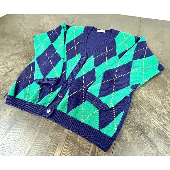 Vtg Izod Argyle Cardigan Sweater Green And Blue Size Medium M Secretary Unisex - Picture 4 of 11